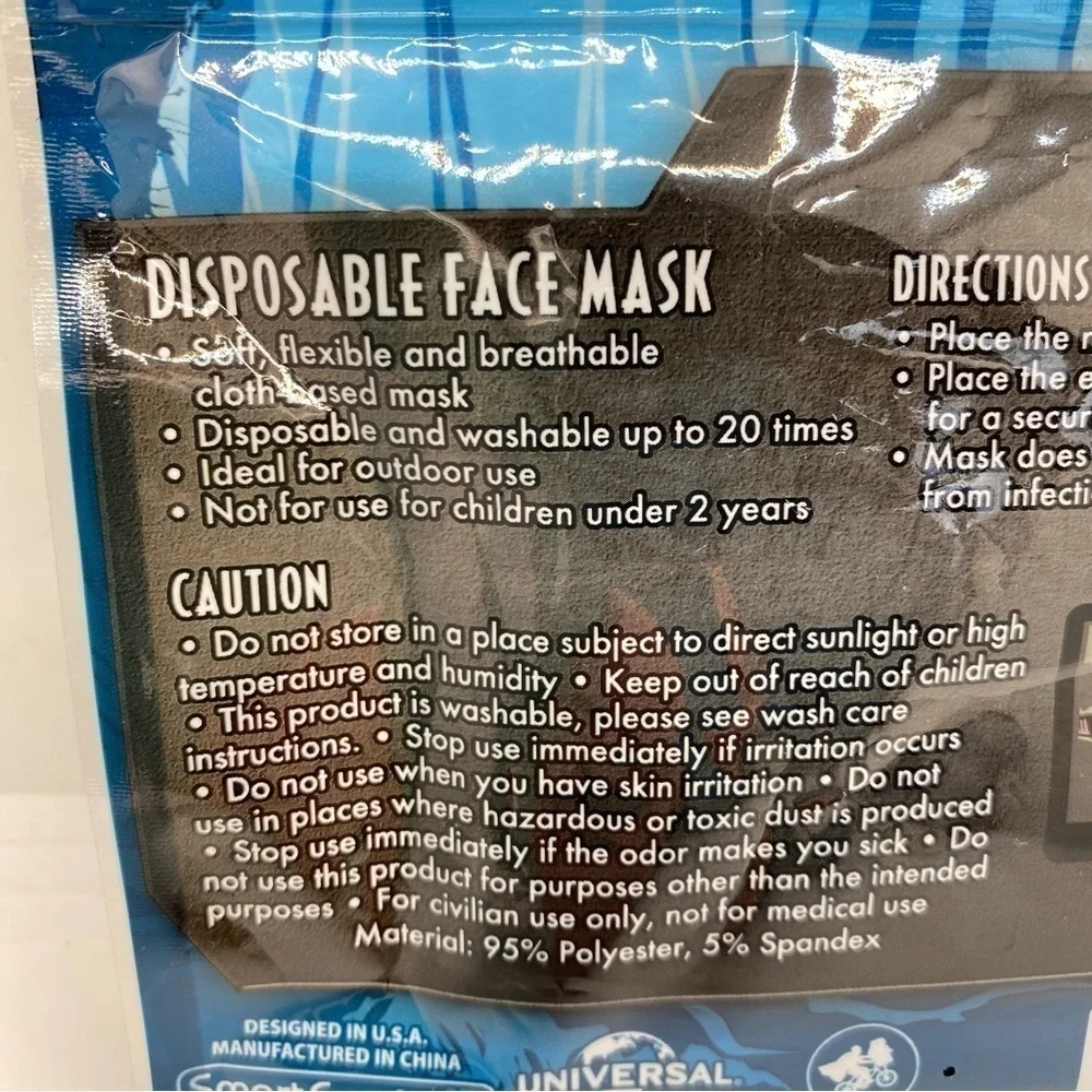 Jurassic World Kids Dinosaur Washable Cloth Face Mask Ages 2+ New In Package